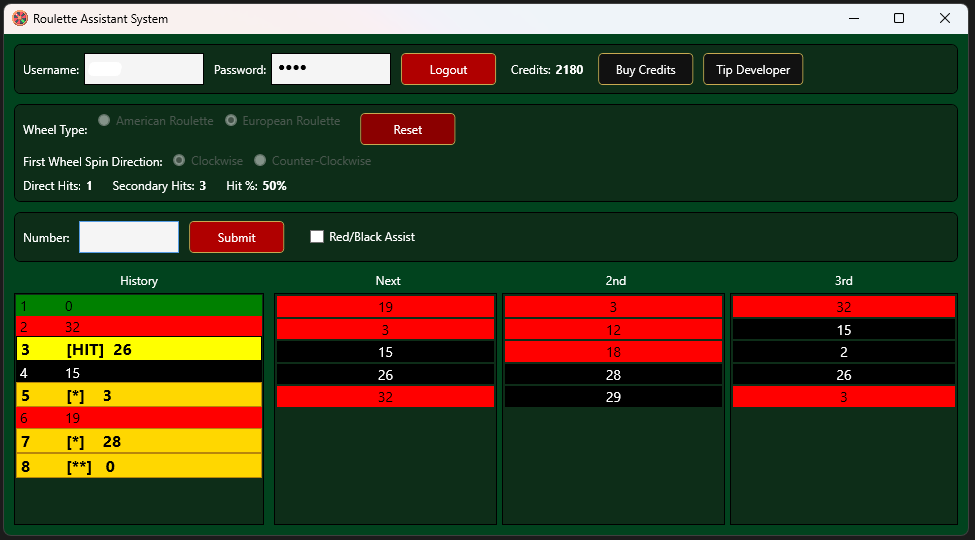 Roulette Assistant System desktop application screenshot